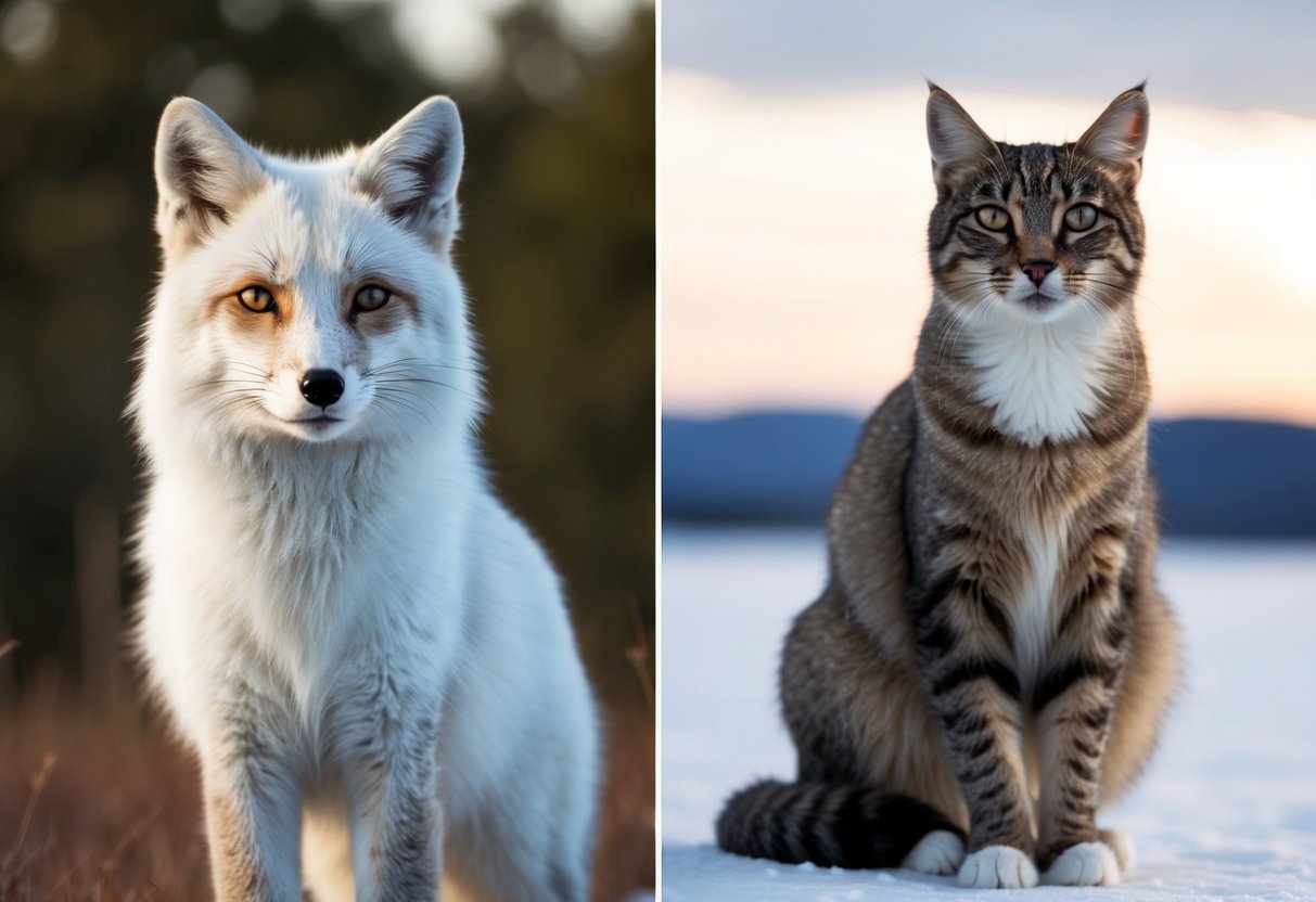 An arctic fox and a cat stand side by side, their distinct features and habitats highlighted