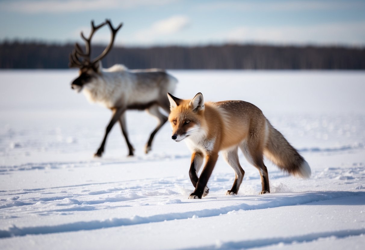 An arctic fox hunts a reindeer in the snowy tundra
