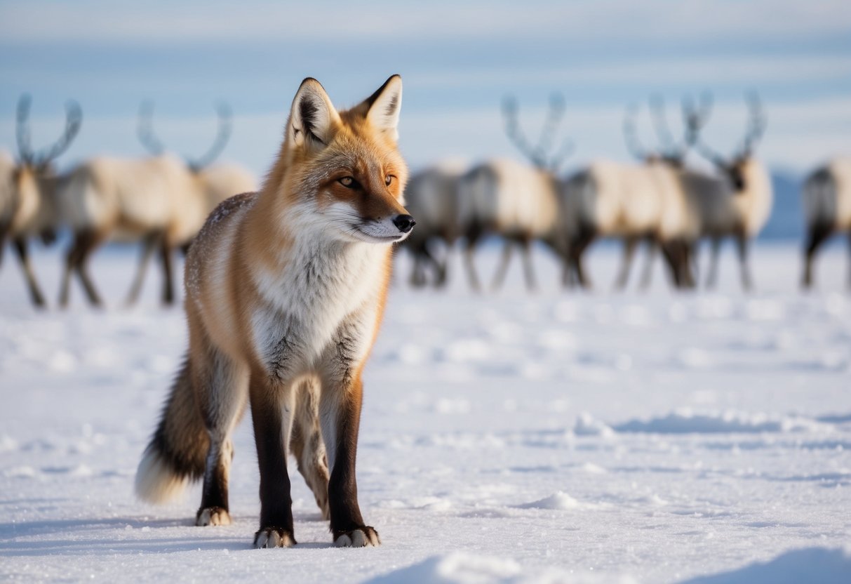 An arctic fox stands in the snow, gazing at a group of reindeer grazing in the distance