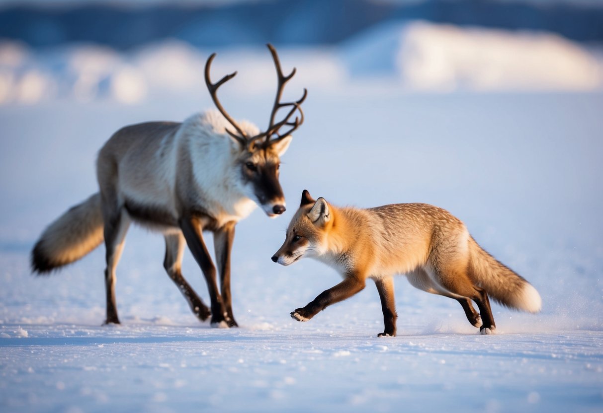 An arctic fox hunts a reindeer, capturing it with stealth and agility in the snowy tundra