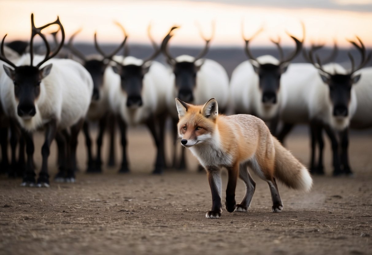 An arctic fox stalks a herd of reindeer, eyeing its potential prey with a mix of caution and hunger