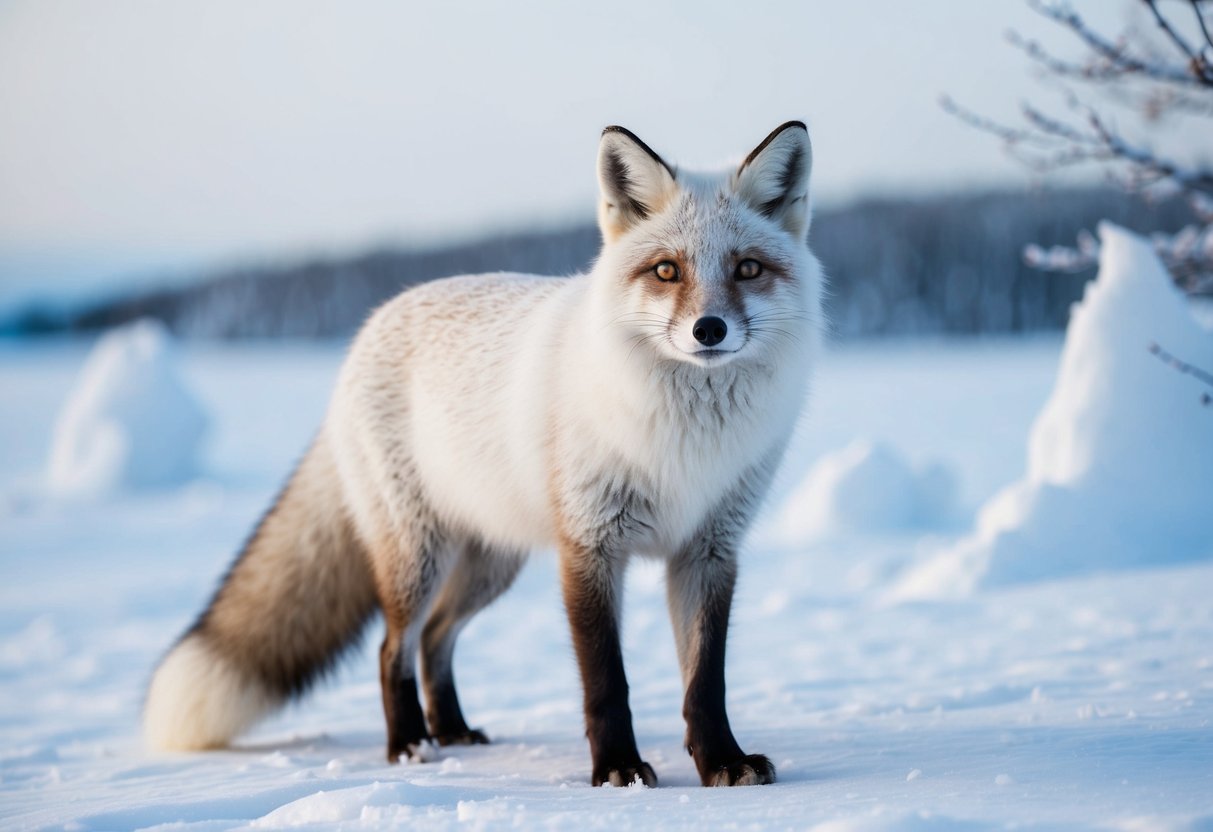 An arctic fox with a thick white coat and dark markings on its face and tail, standing in a snowy landscape with ice and snow-covered trees