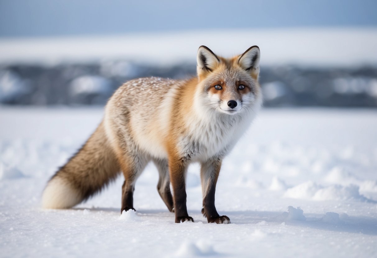 An arctic fox with white fur and a bushy tail stands on snow-covered ground, its coat adorned with brown and gray markings blending into the icy landscape