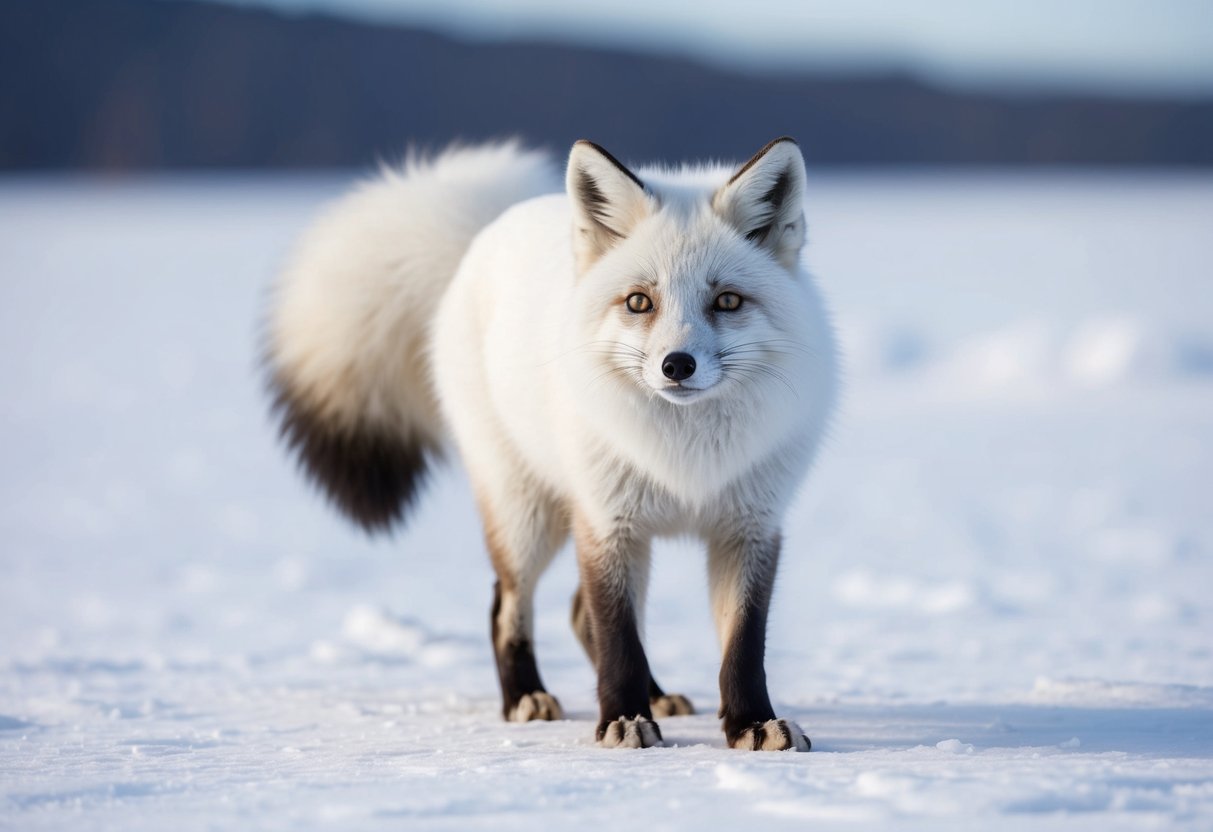 An arctic fox with white fur, a bushy tail, and black markings on its face, paws, and ears, standing in a snowy tundra