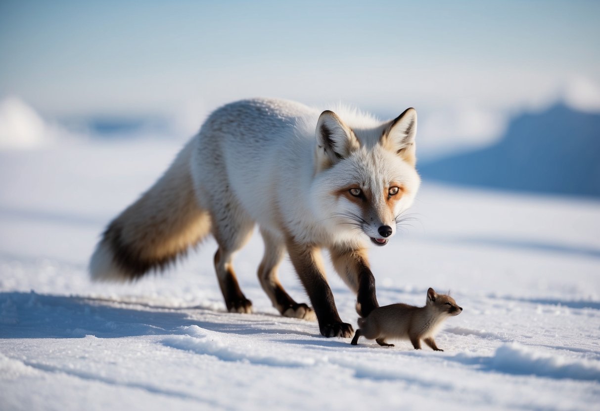 An arctic fox with white fur and a bushy tail hunts a lemming in the snow-covered tundra