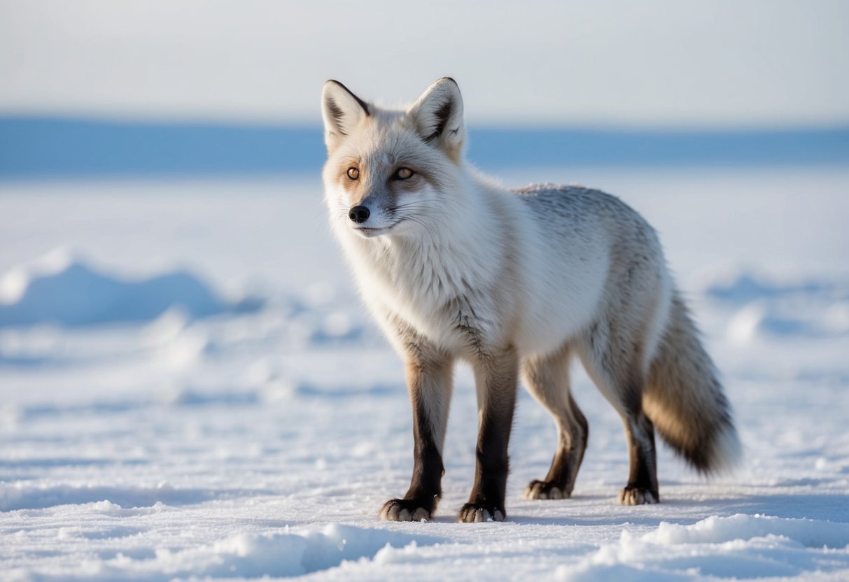 An arctic fox stands on a snowy tundra, its thick white fur blending with the icy landscape. Its small, pointed ears perk up as it gazes into the distance