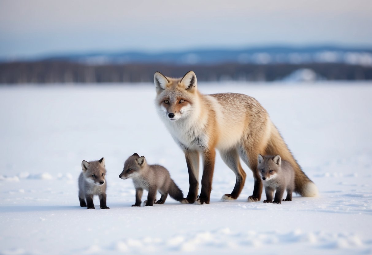 An arctic fox with distinct markings stands in a snowy landscape, surrounded by its offspring in various stages of the life cycle