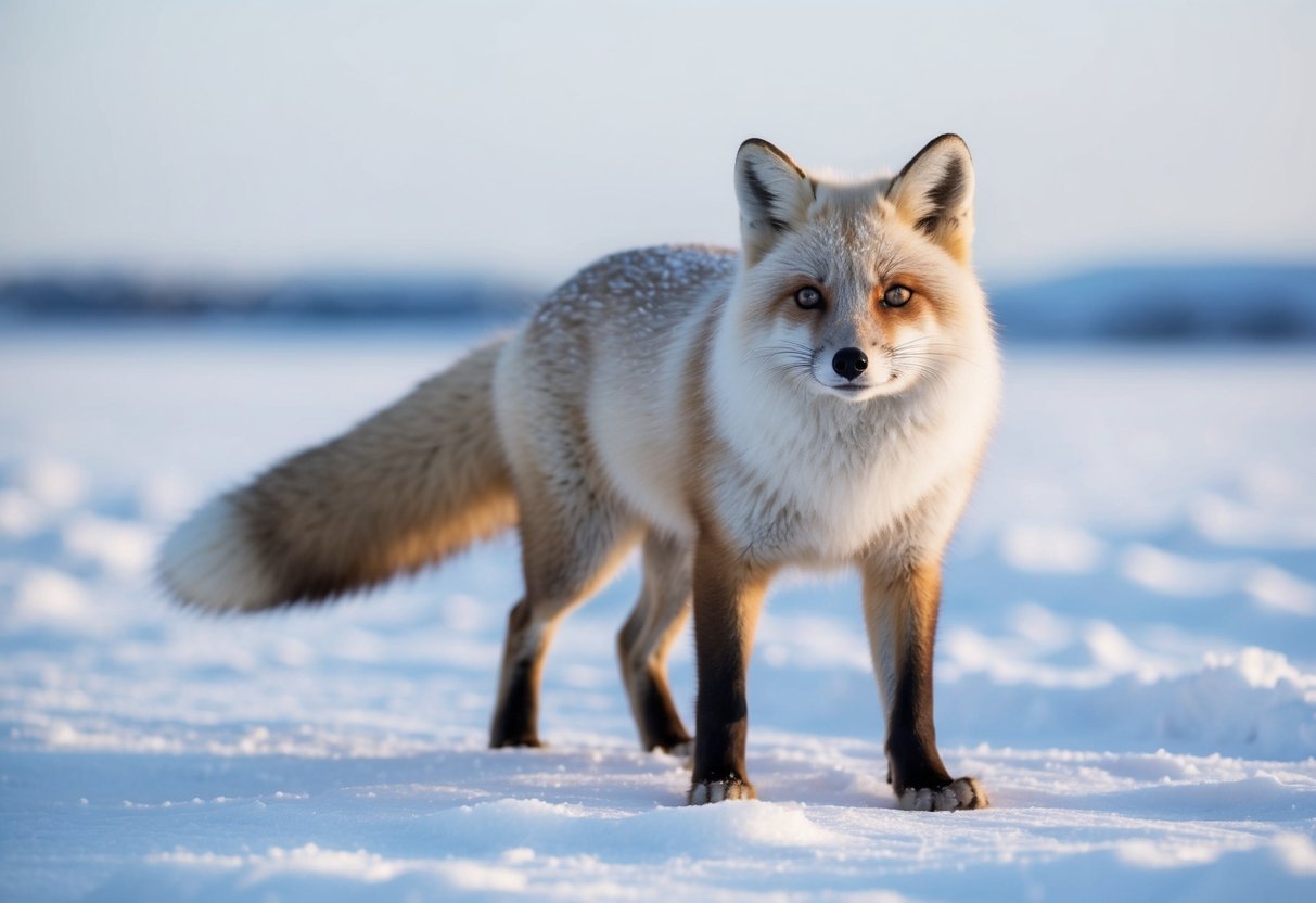 An arctic fox standing on snow-covered tundra, with its thick white fur, small ears, and bushy tail, blending into the wintry landscape