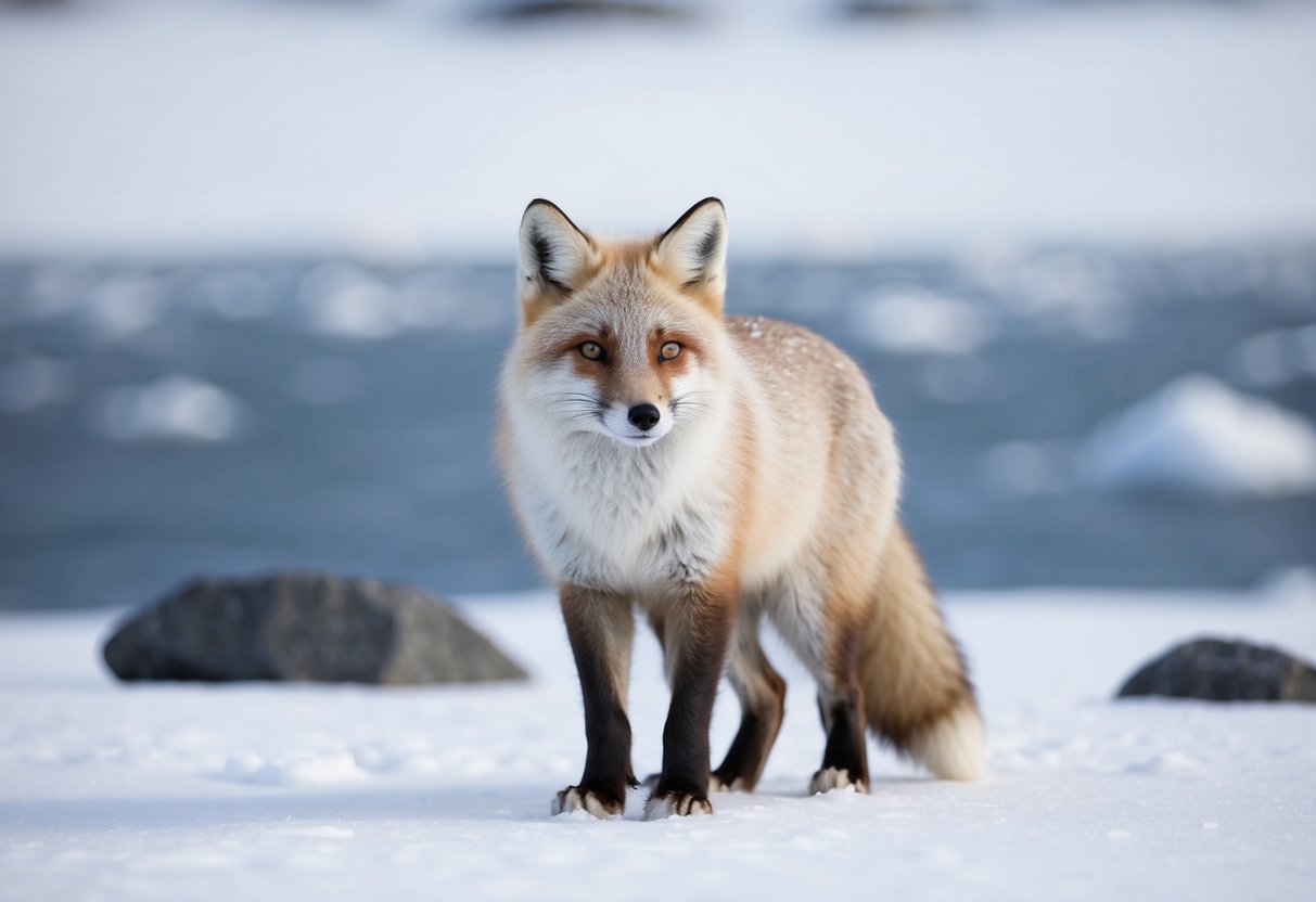 An arctic fox in its snowy habitat, with a background of icy tundra and a few scattered rocks
