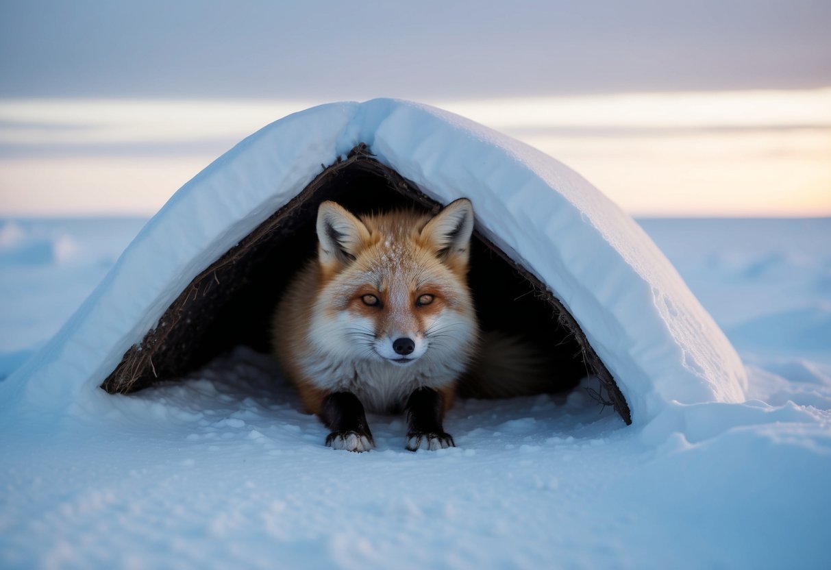 An arctic fox with thick fur and small ears huddles in a snow-covered den, surrounded by a barren, icy landscape