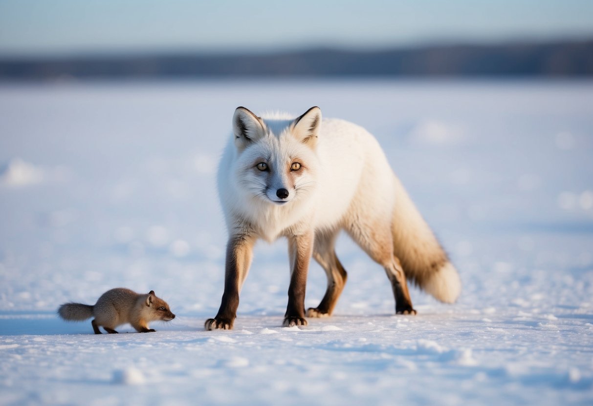 An arctic fox hunts for small rodents in the snowy tundra, blending in with its white fur and using its keen sense of smell to forage for food