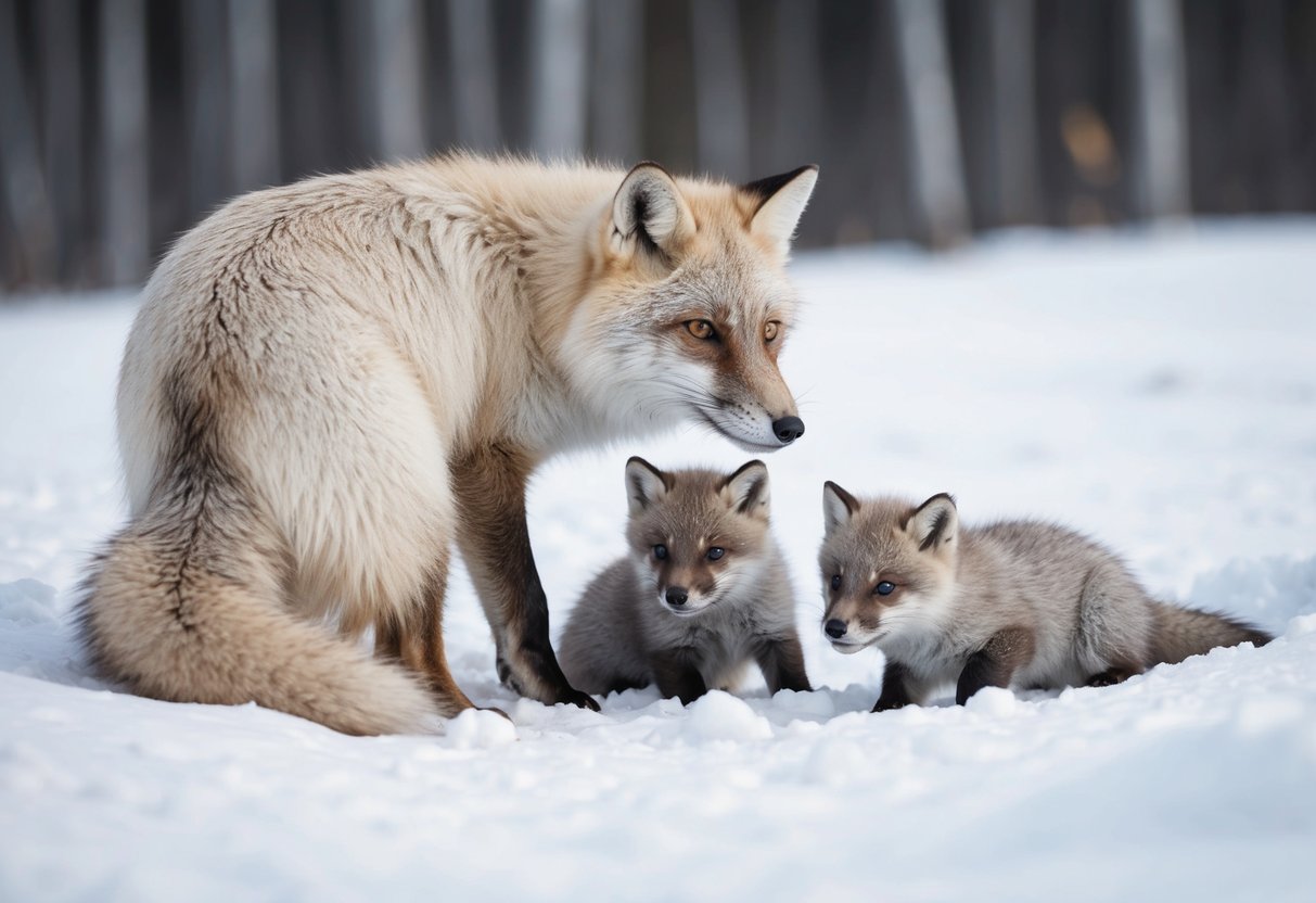 An arctic fox mother with her pups in a snowy den, illustrating the reproduction and lifecycle of the species