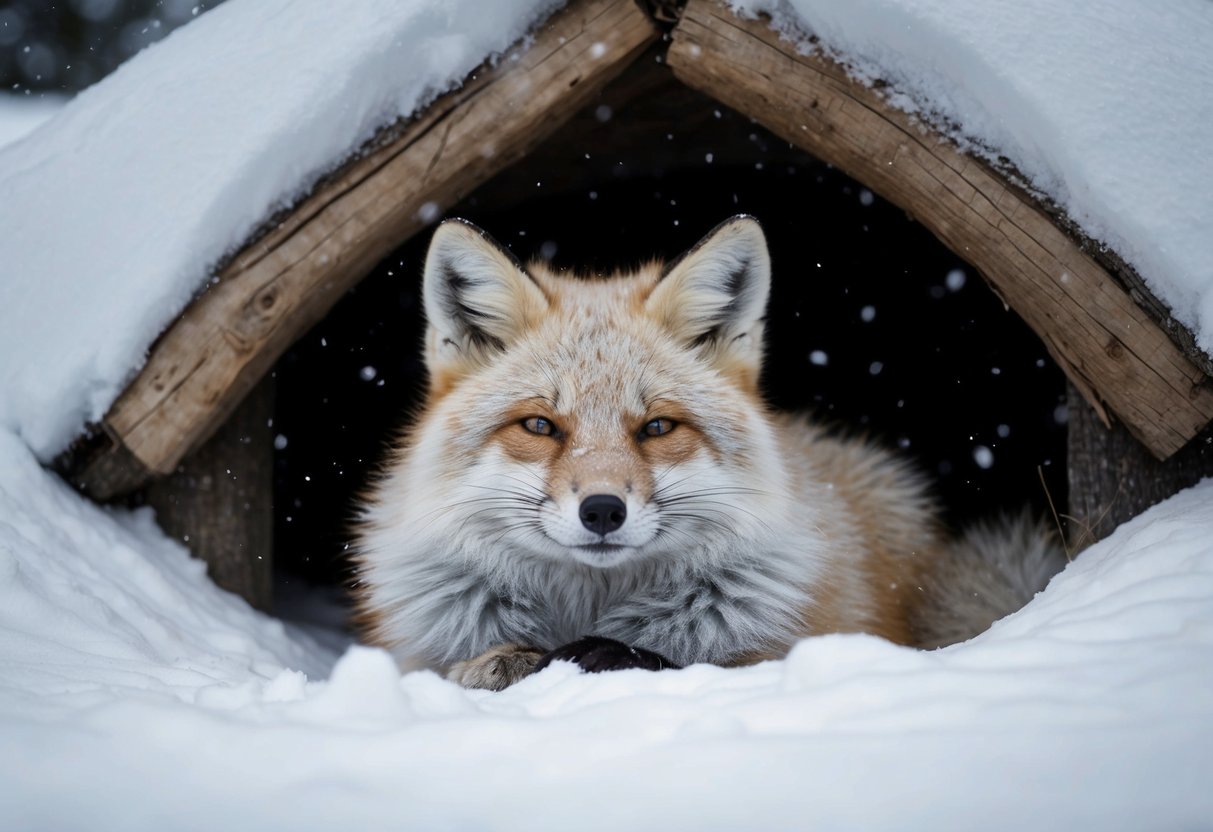 An arctic fox huddles in its den, surrounded by fluffy white fur. Outside, snow falls gently, but the fox remains cozy and warm
