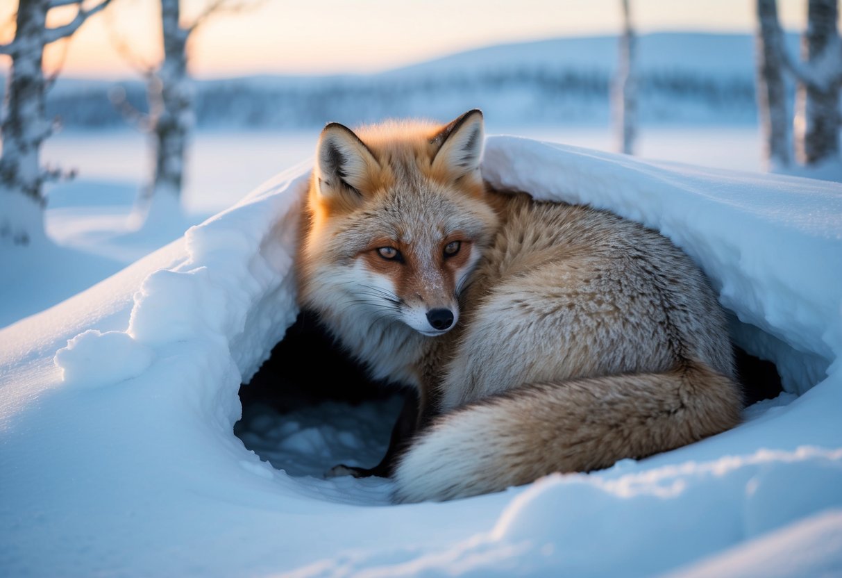 An arctic fox with thick fur and a bushy tail huddles in a snow-covered den, surrounded by icy landscapes and snow-covered trees