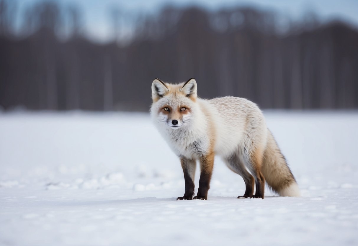 An arctic fox stands alone in a snowy landscape, its white fur blending in with the surroundings as it looks around with alert eyes