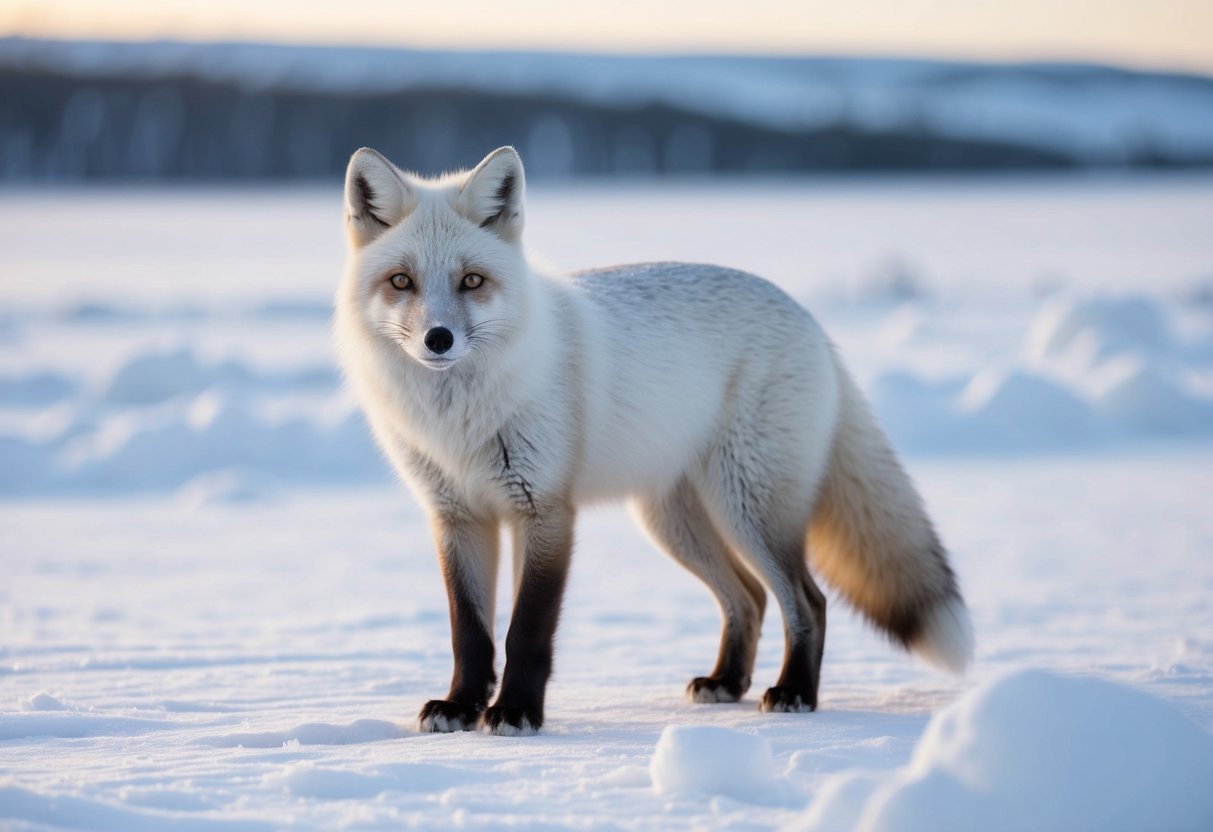 An arctic fox stands alone in a snow-covered landscape, its white fur blending into the icy surroundings. Its sharp, intelligent eyes scan the horizon for any sign of prey