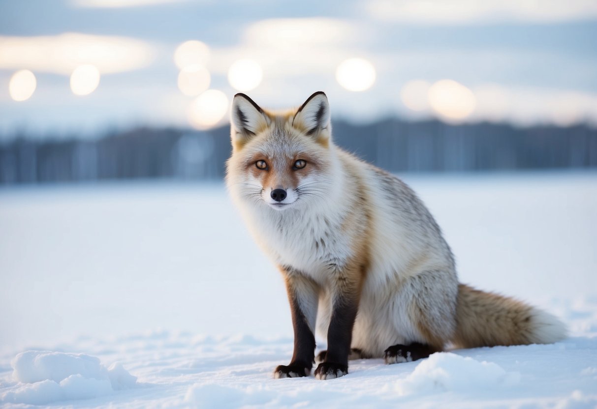 An arctic fox camouflaged against snowy landscape, blending in with its surroundings