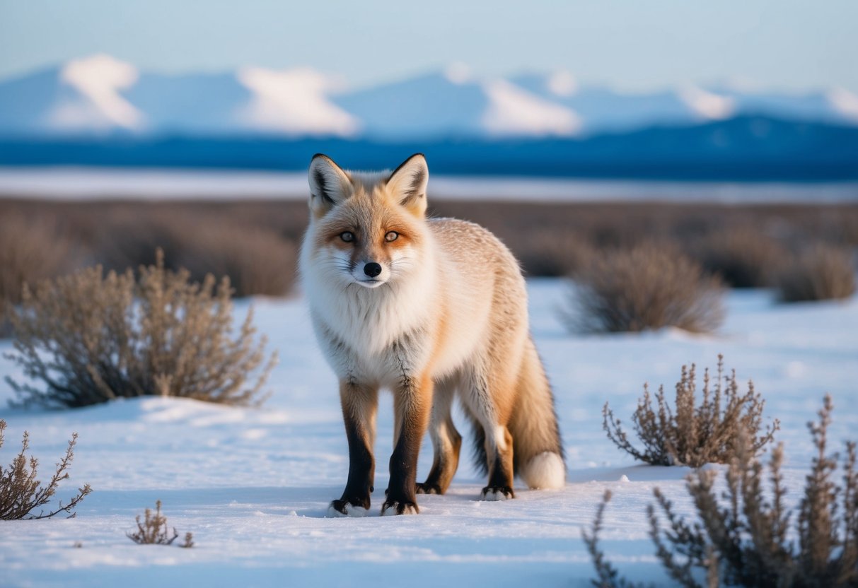 An arctic fox camouflaged against snowy tundra, surrounded by sparse vegetation and distant mountains