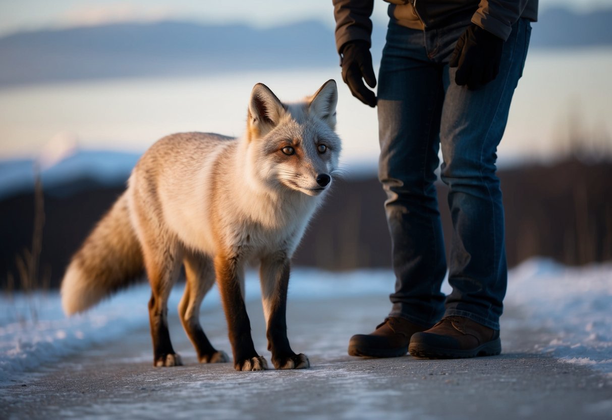 An arctic fox approaches a person with a curious and friendly demeanor, its tail wagging and ears perked up