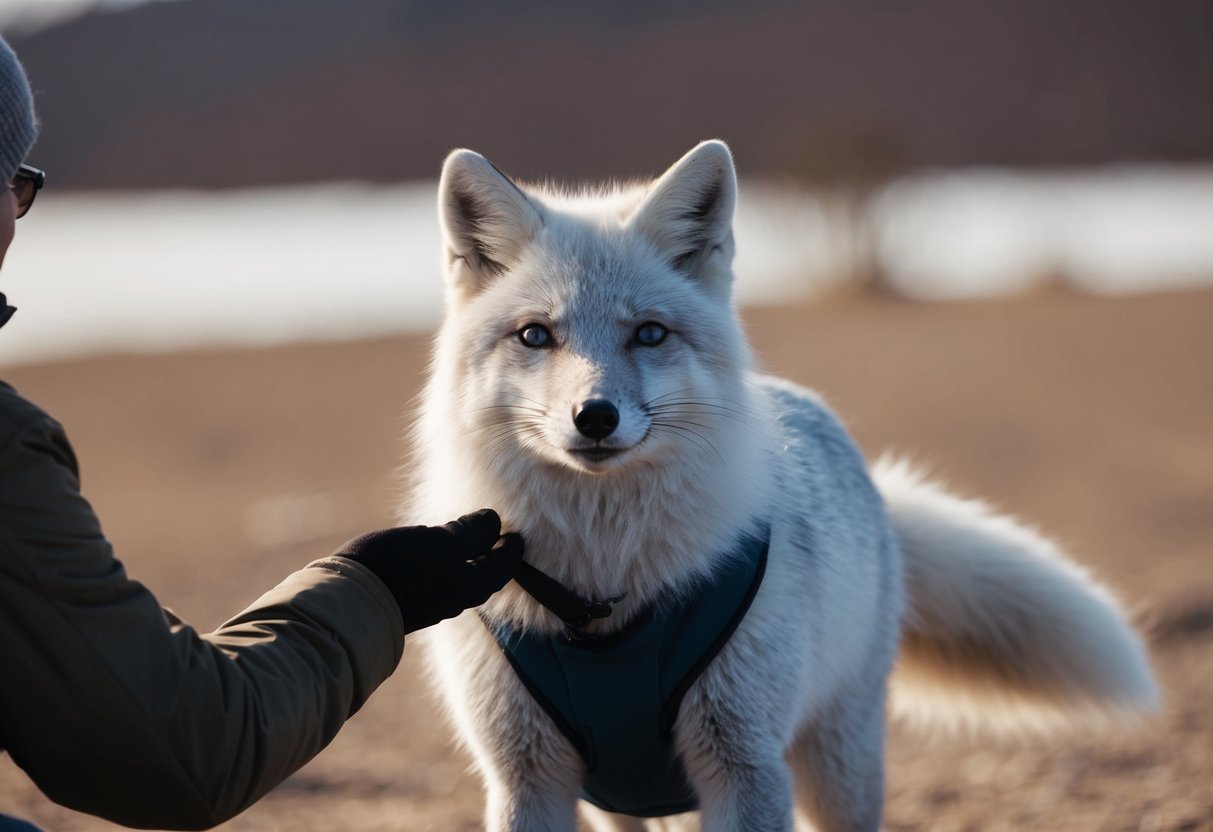 An arctic fox approaches a human with caution, showing curiosity and a friendly demeanor