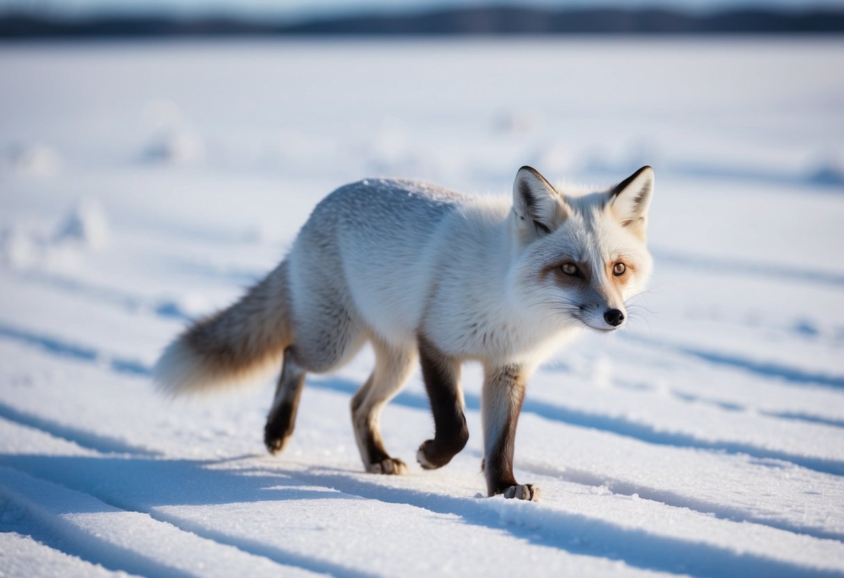 An arctic fox trots through snowy tundra, its sleek white fur blending with the landscape. It pauses to sniff the air, ears perked for any sign of prey