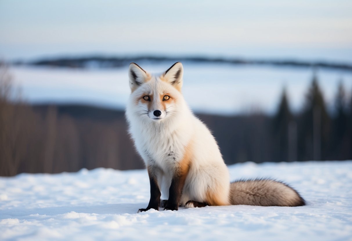 An arctic fox sitting in a snowy landscape, with a curious expression and fluffy white fur