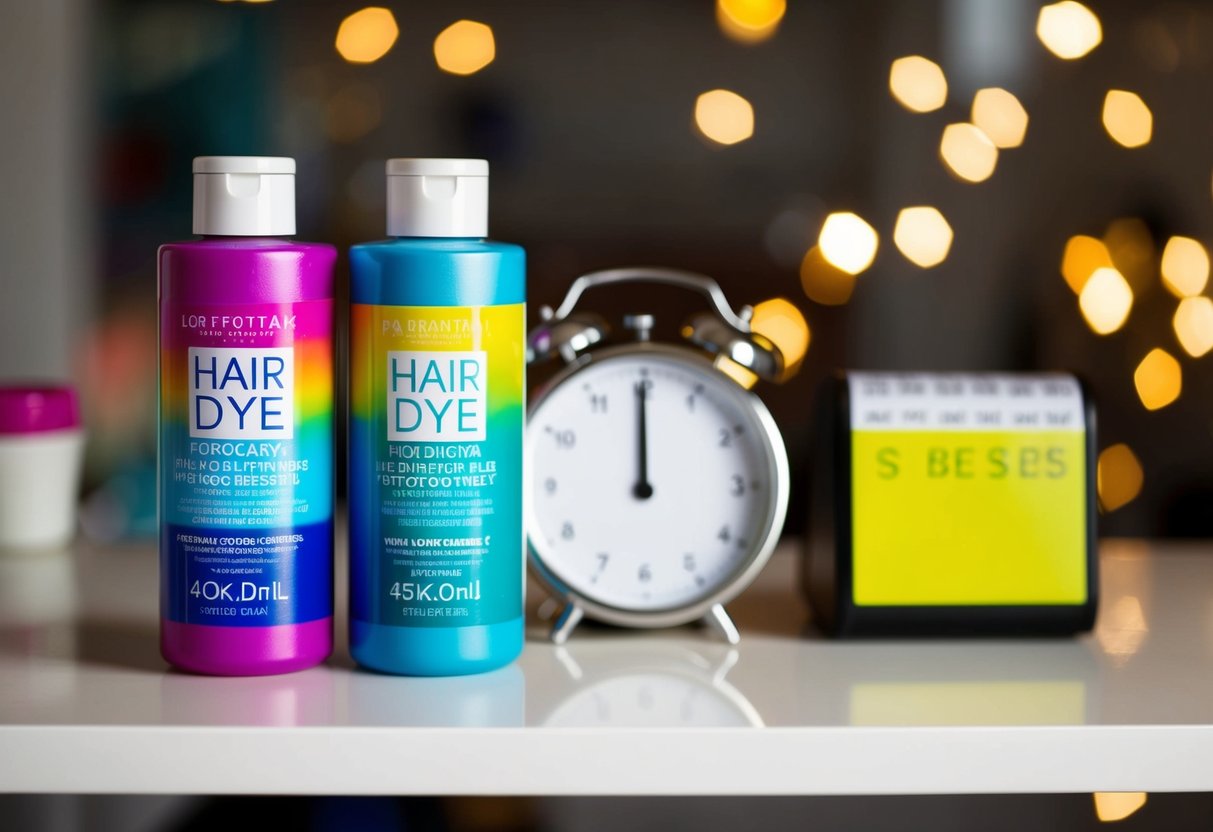 Two vibrant hair dye bottles sit side by side on a shelf, their colorful labels catching the light. A timer ticks away in the background