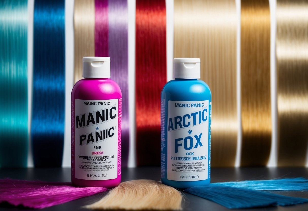 Two vibrant hair dye bottles sit side by side, surrounded by swatches of colored hair. The colors are fading at different rates, indicating the longevity and fade factors of Manic Panic and Arctic Fox