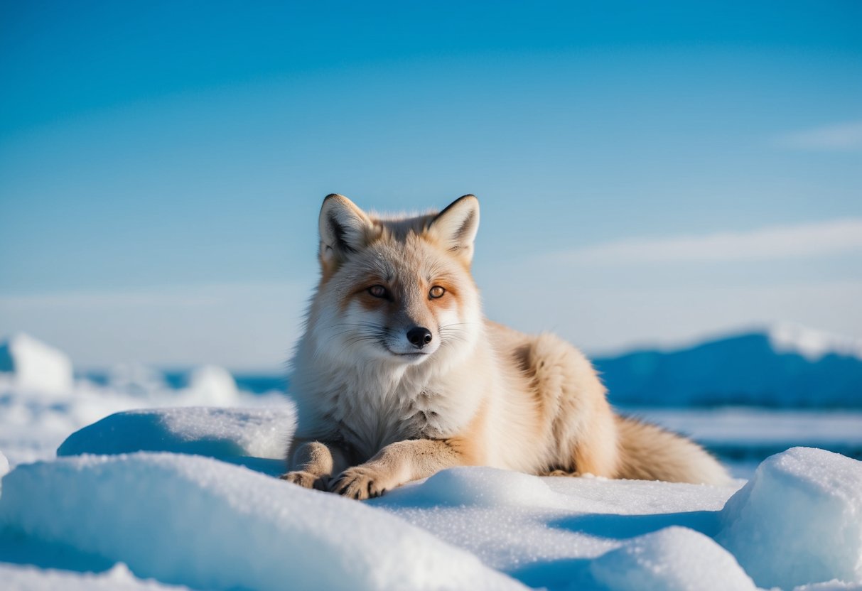 An Arctic fox resting in a snowy landscape, surrounded by icy rocks and a clear blue sky above
