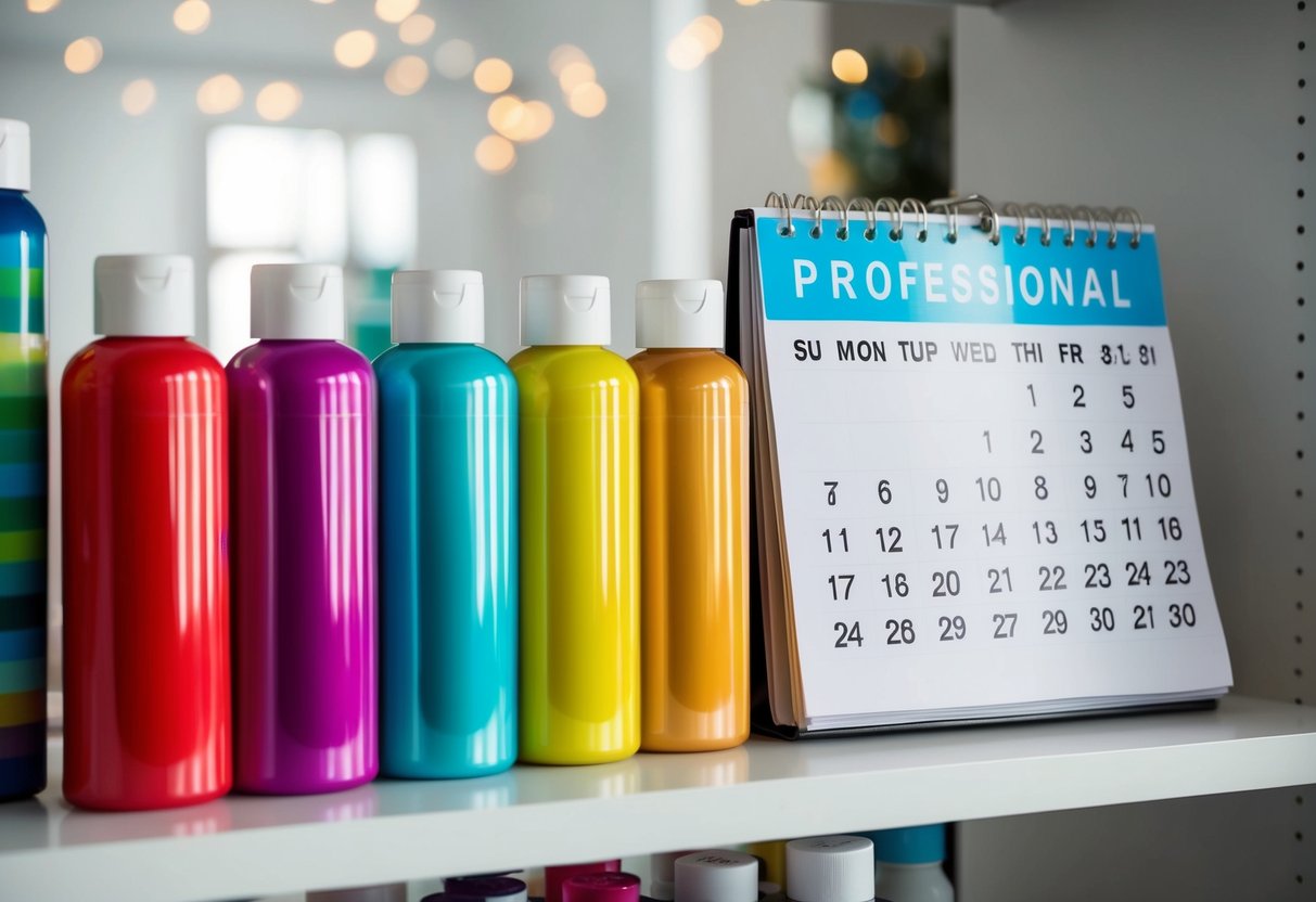 A row of colorful hair dye bottles on a shelf, with a calendar showing dates stretching far into the future