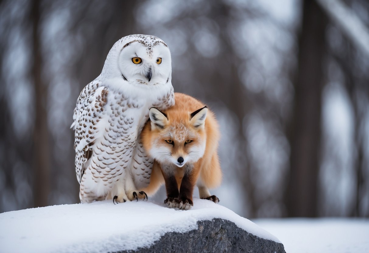 A snowy owl perches on a snow-covered rock, clutching an arctic fox in its talons