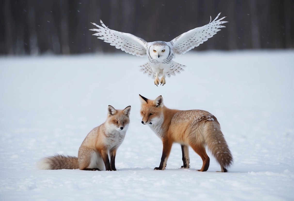 A snowy owl swoops down on an arctic fox in a snowy landscape