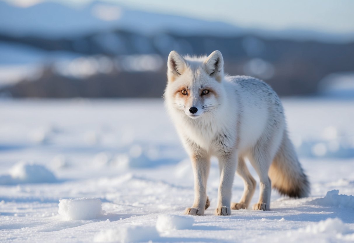 An arctic fox blends into the snowy landscape, its white fur camouflaging against the icy terrain