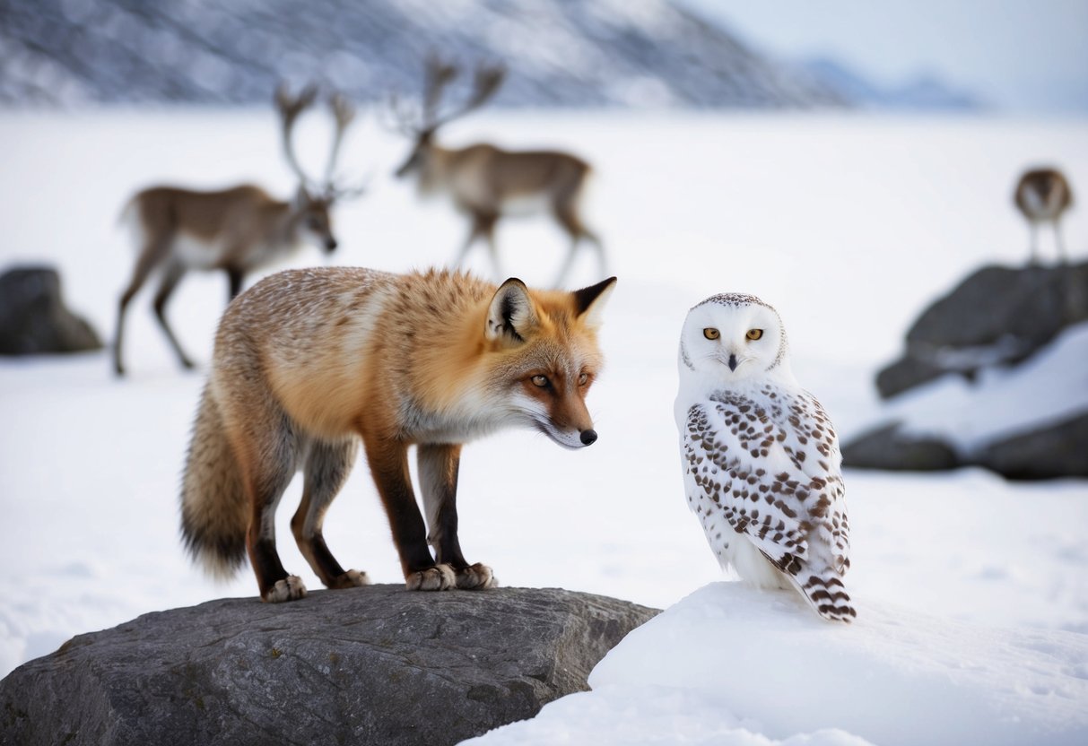 An Arctic fox cautiously approaches a snowy owl perched on a snow-covered rock. In the background, other wildlife such as caribou and ptarmigans can be seen
