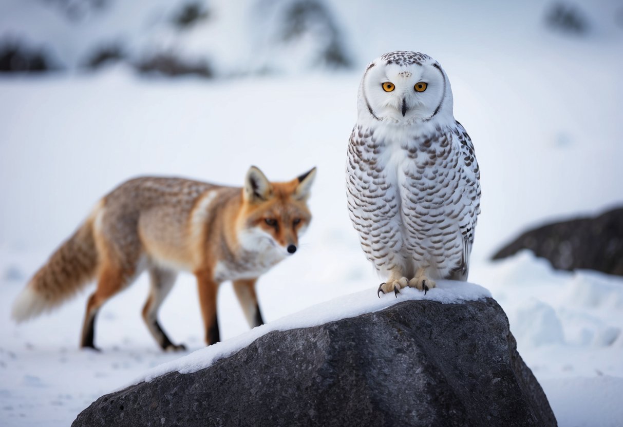 A snowy owl perched on a snow-covered rock, with an arctic fox cautiously approaching in the background