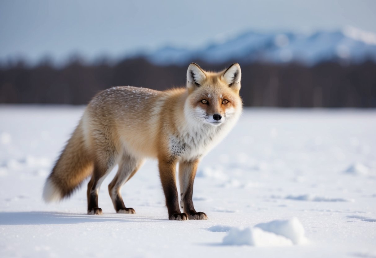 An arctic fox standing in a snowy landscape, with vibrant and long-lasting colors in its fur