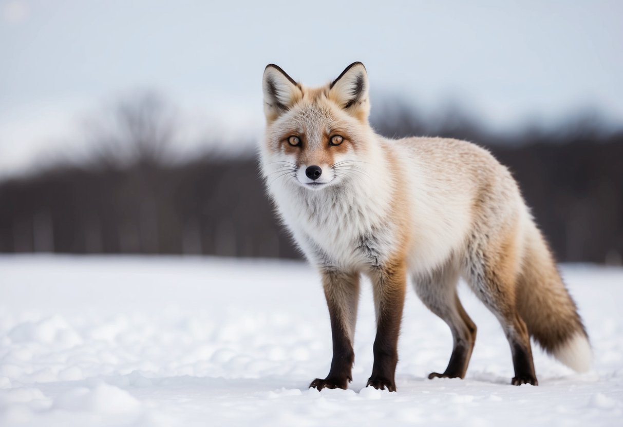 An arctic fox stands in a snowy landscape, its fur thick and white. The fox's eyes are bright and alert, and its ears are perked up, listening for any signs of danger