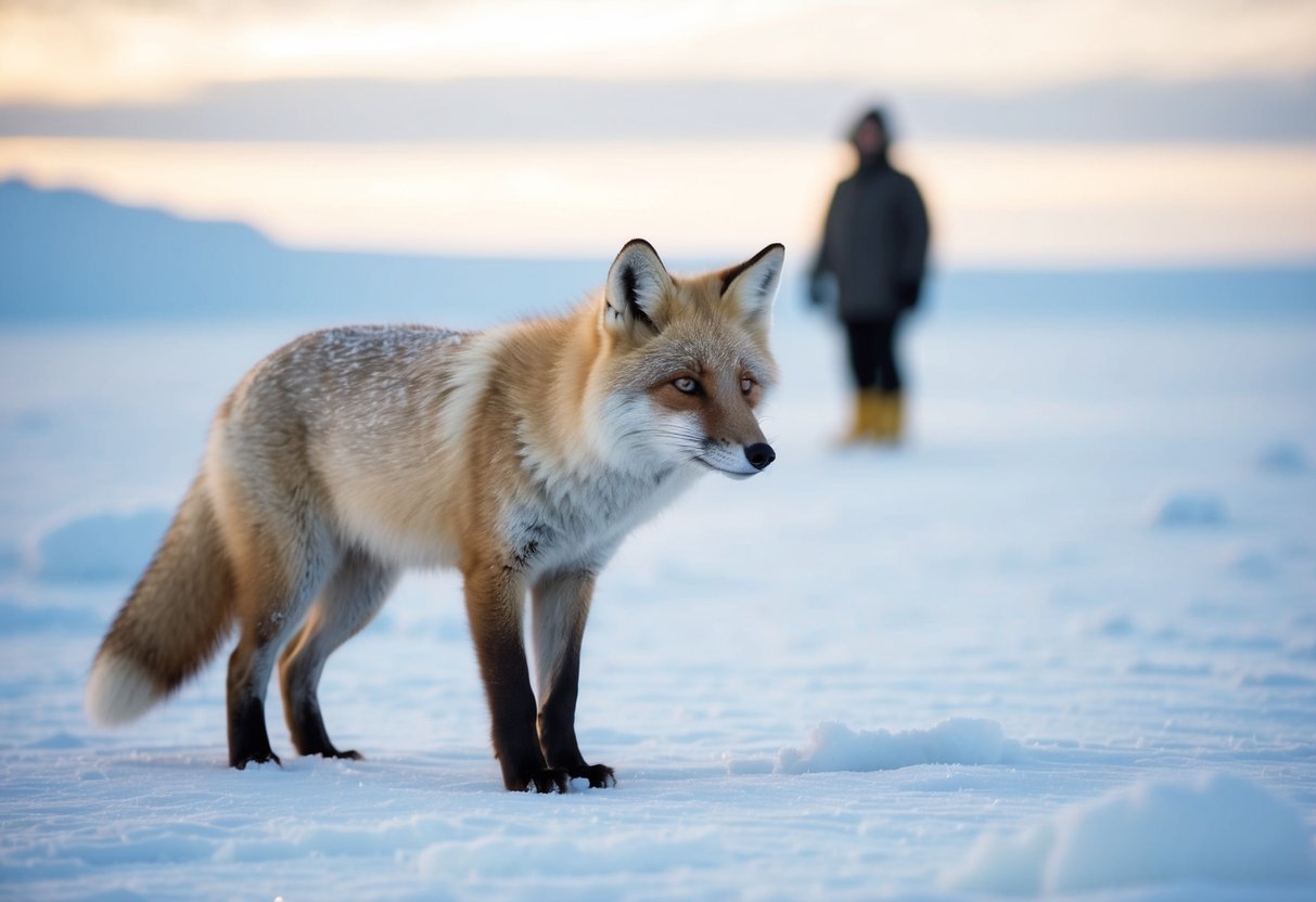 An arctic fox stands alert in the snow, its fur blending with the icy landscape as it watches a distant figure