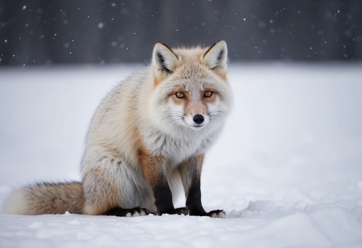 An arctic fox huddles in a snowy landscape, its fur fluffed up to keep warm. Snowflakes fall gently around it as it looks around with alert eyes