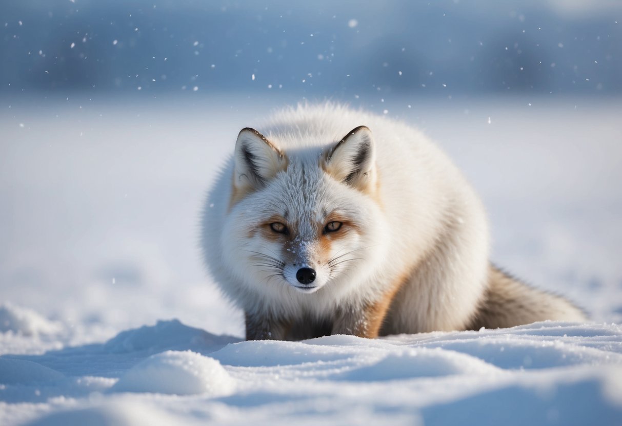 An arctic fox huddles in a snowy landscape, its thick fur providing insulation against the cold. Snowflakes fall gently around it, creating a serene and wintry scene