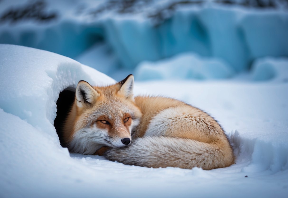 An arctic fox curled up in a snowy den, surrounded by icy landscapes and a cold, harsh environment