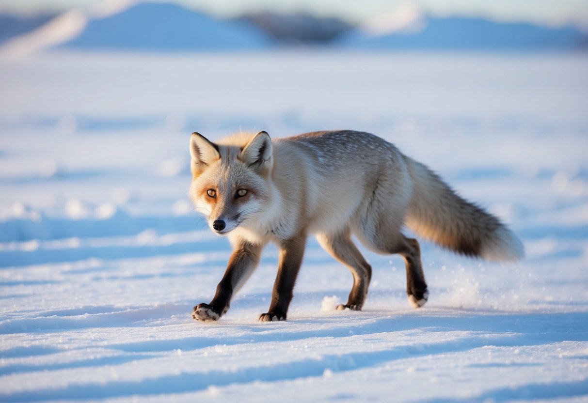 An arctic fox hunts for food in a snowy landscape, its keen eyes scanning for prey as it moves stealthily across the frozen terrain