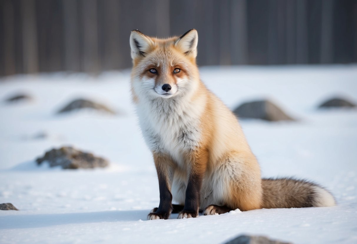 An arctic fox with faded dye sits in a snowy landscape, surrounded by patches of discolored fur