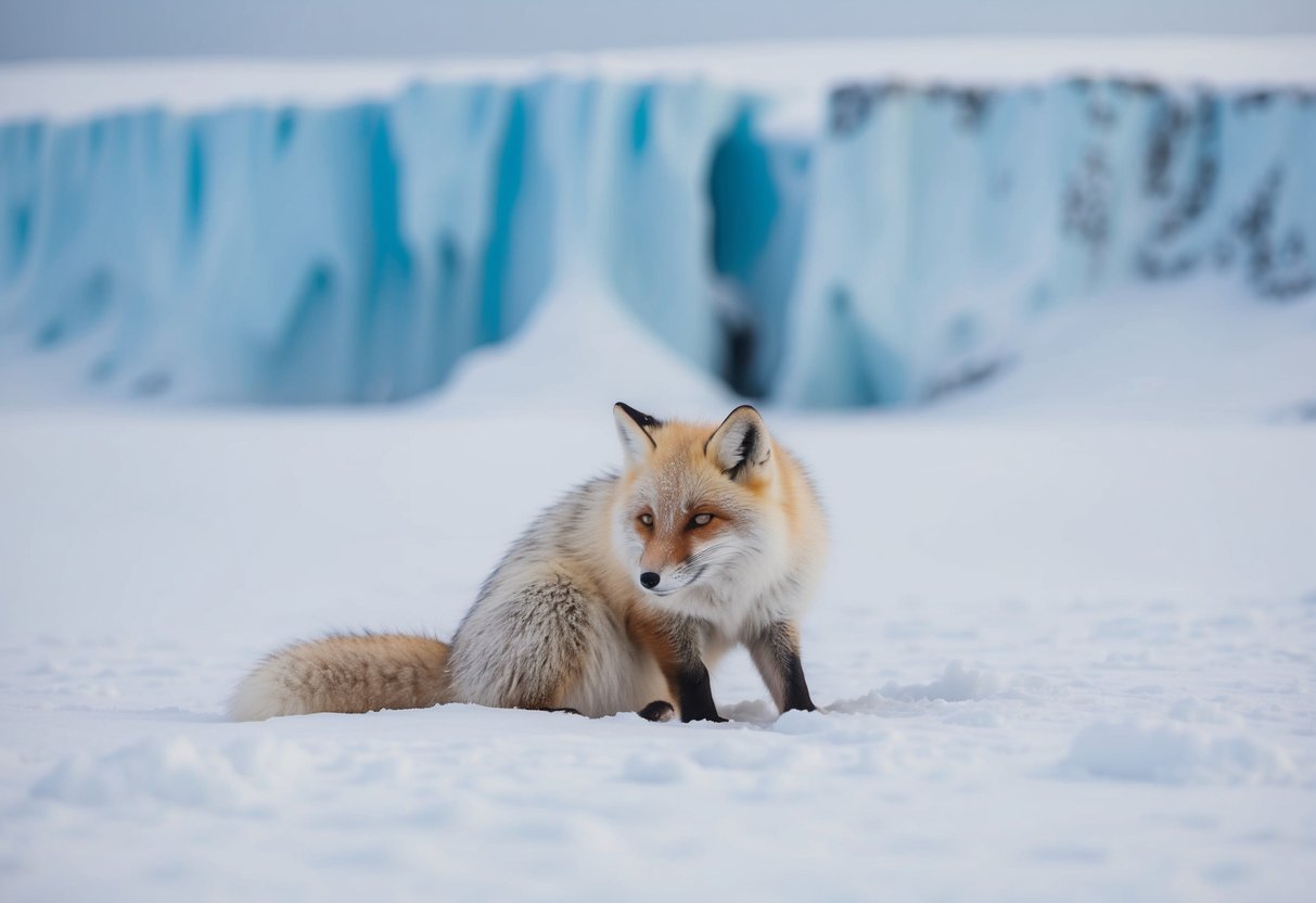 An arctic fox huddles in a snowy landscape, surrounded by icy cliffs and a frigid, windswept tundra