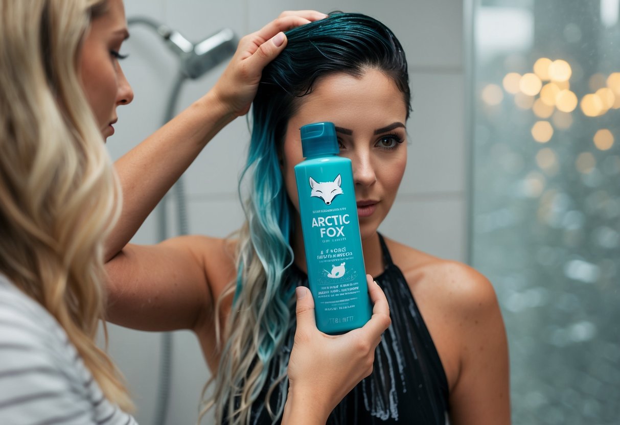 A woman washing her hair with Arctic Fox dye, noticing the color fading quickly in the shower