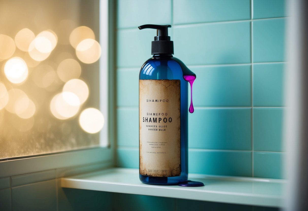 An empty shampoo bottle sitting on a shower shelf, with a faded label and a few drops of colorful dye dripping down the side