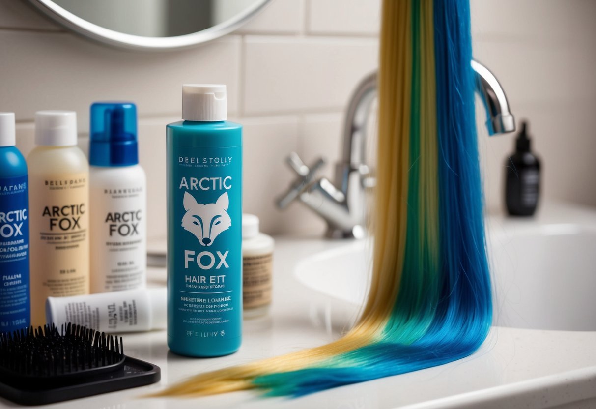 A bottle of Arctic Fox hair dye sits next to a fading rainbow-colored strand of hair, surrounded by various hair care products on a bathroom counter