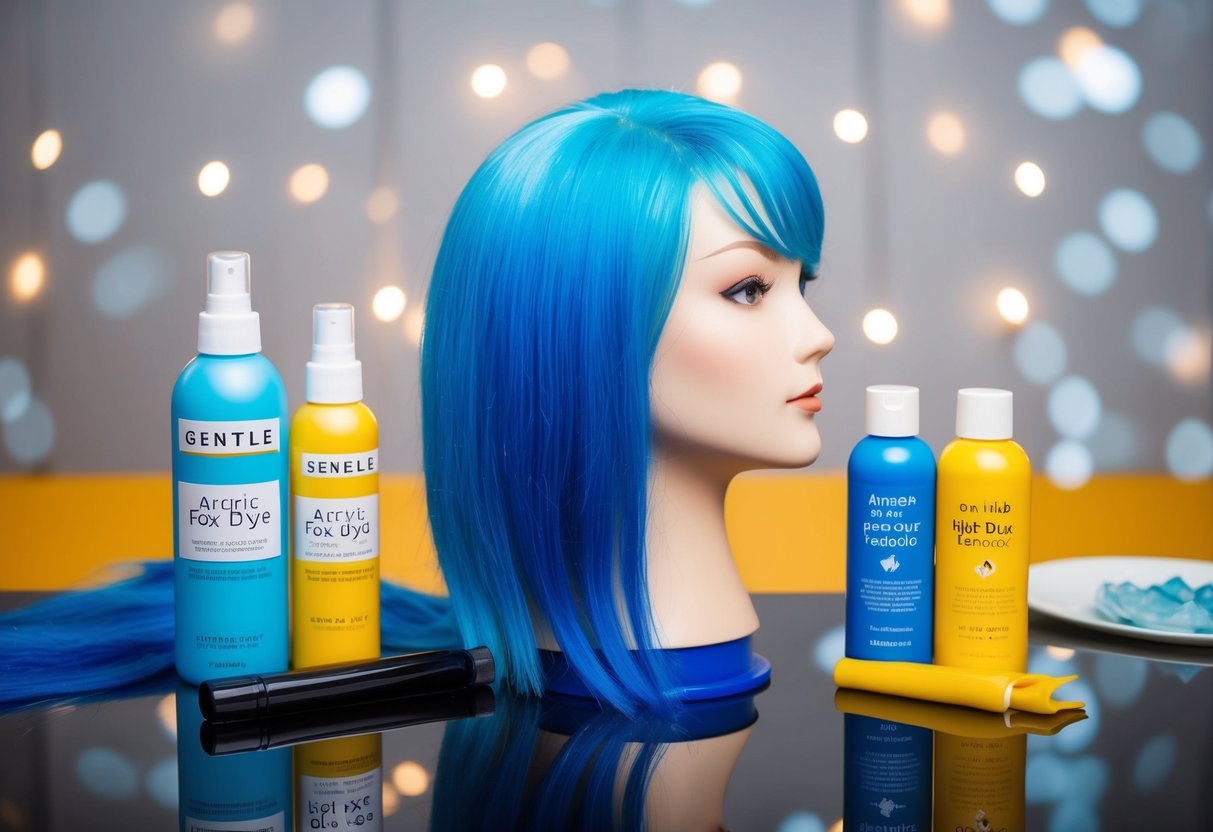A vibrant blue-haired mannequin head with fading Arctic Fox dye, surrounded by bottles of gentle hair dye removal and alternative hair color options