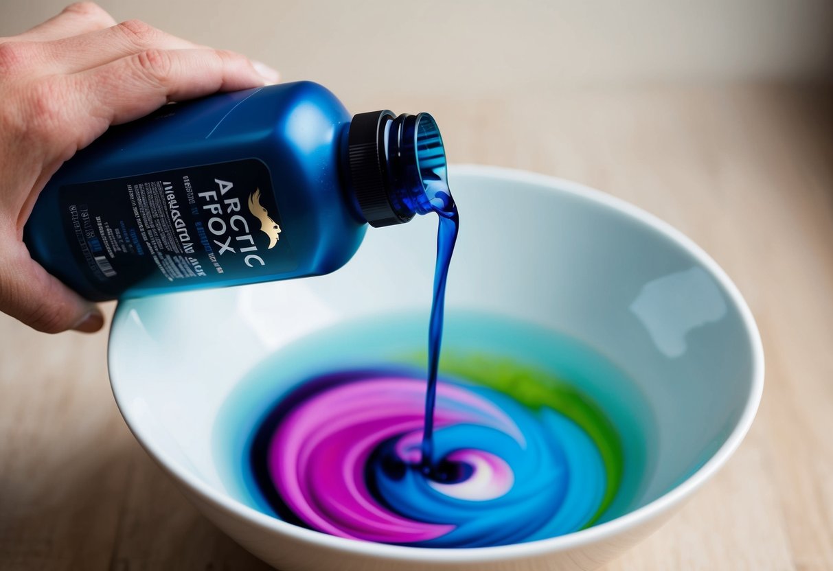 A bottle of Arctic Fox Hair Dye being poured into a bowl of water, with vibrant color swirling and diluting