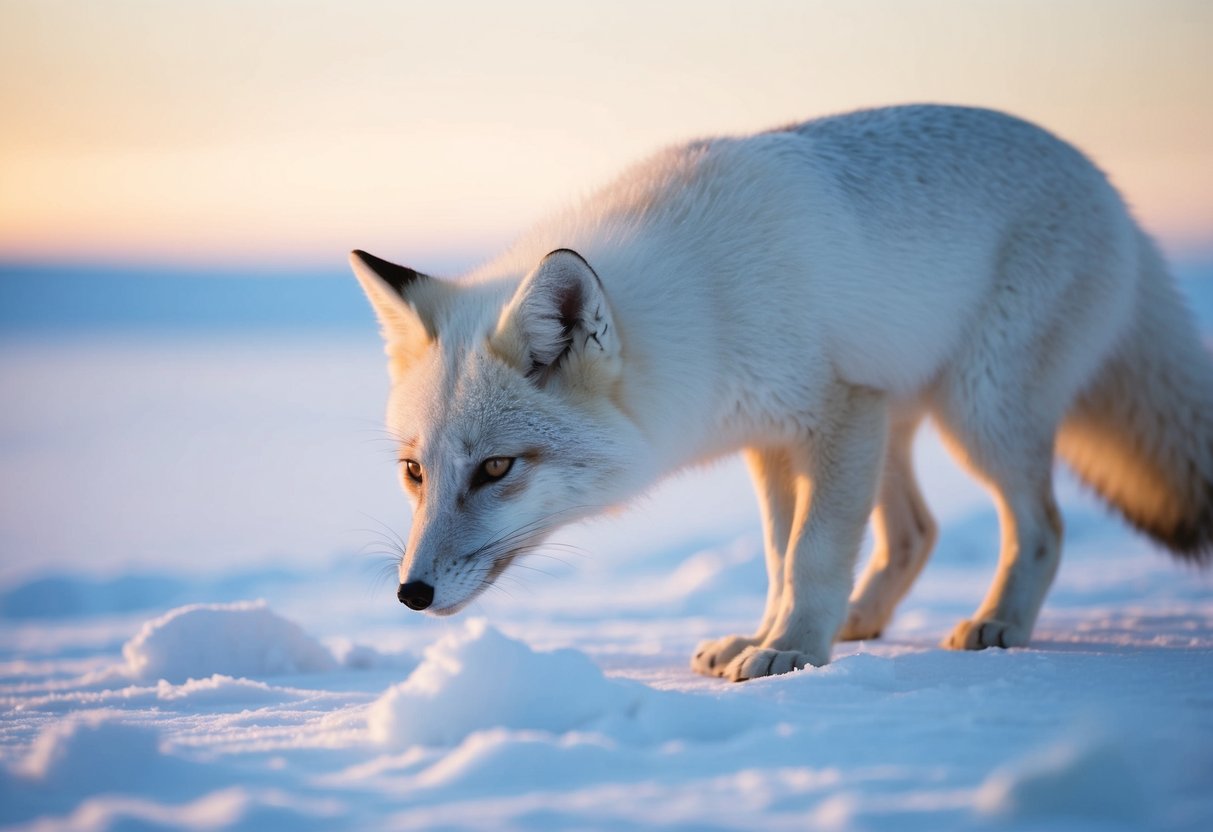 An arctic fox sniffs the air, its keen sense of smell detecting the scent of prey hidden beneath the snow